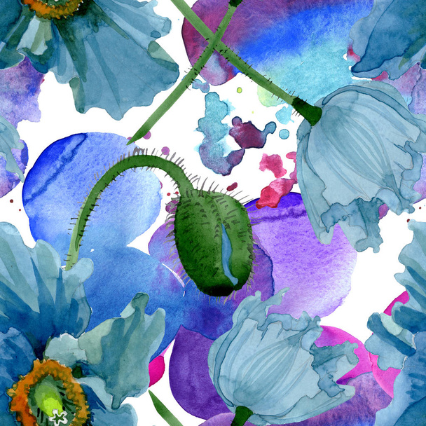 Blue poppy floral botanical flowers. Watercolor background illustration set. Seamless background pattern. - Fotografie, Obrázek