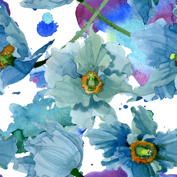 Blue poppy floral botanical flowers. Watercolor background illustration set. Seamless background pattern. - Foto, Imagem