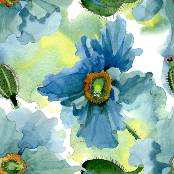Blue poppy floral botanical flowers. Watercolor background illustration set. Seamless background pattern. - Φωτογραφία, εικόνα