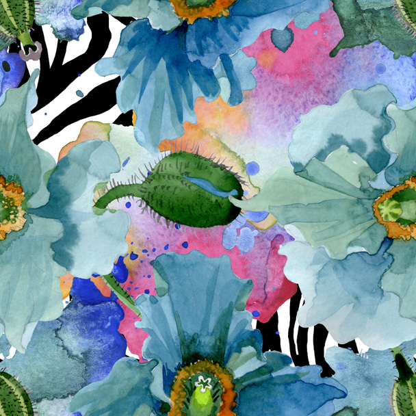 Flores botánicas florales de amapola azul. Conjunto de ilustración de fondo acuarela. Patrón de fondo sin costuras
. - Foto, Imagen