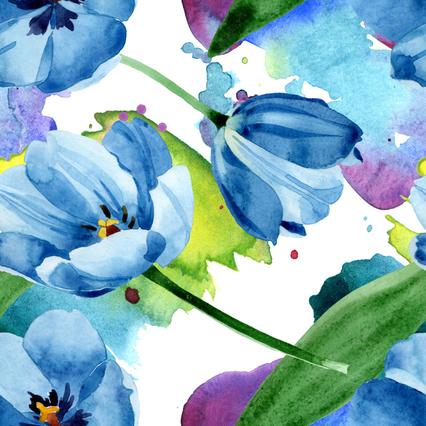 Flores botánicas florales de tulipán azul. Conjunto de ilustración de fondo acuarela. Patrón de fondo sin costuras
. - Foto, Imagen