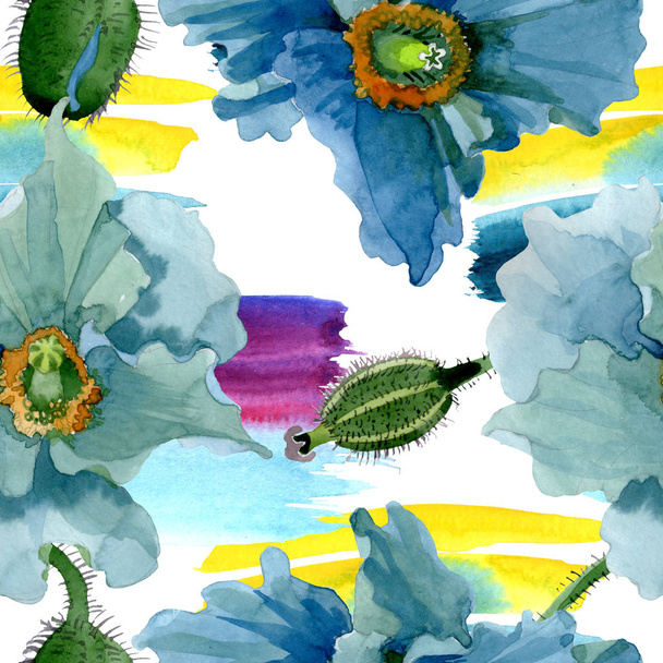 Blauer Klatschmohn mit botanischen Blüten. Aquarell Hintergrundillustration Set. nahtloses Hintergrundmuster. - Foto, Bild