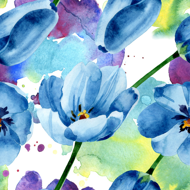 Blue tulip floral botanical flowers. Watercolor background illustration set. Seamless background pattern. - Photo, Image