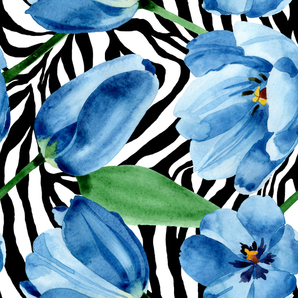 Blaue Tulpe mit botanischen Blüten. Aquarell Hintergrundillustration Set. nahtloses Hintergrundmuster. - Foto, Bild