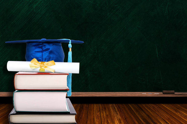 Education Concept With Graduation Hat and Diploma on Books and B - Φωτογραφία, εικόνα