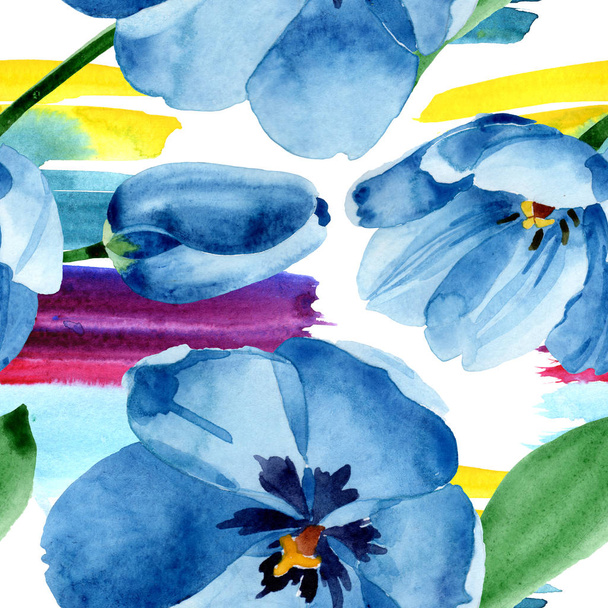 Blaue Tulpe mit botanischen Blüten. Aquarell Hintergrundillustration Set. nahtloses Hintergrundmuster. - Foto, Bild