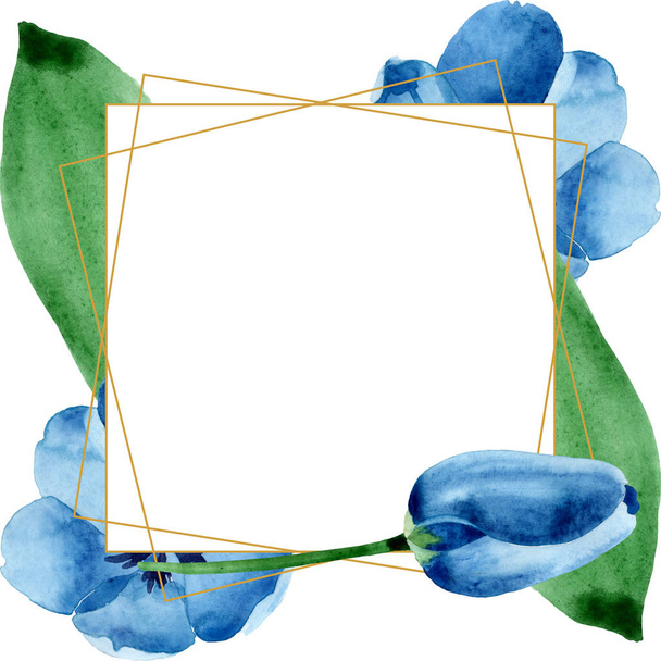 Blaue Tulpe mit botanischen Blüten. Aquarell Hintergrundillustration Set. Rahmen Rand Ornament Quadrat. - Foto, Bild