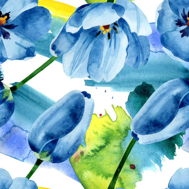 Blue tulip floral botanical flowers. Watercolor background illustration set. Seamless background pattern. - Foto, afbeelding