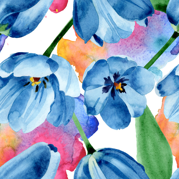 Blue tulip floral botanical flowers. Watercolor background illustration set. Seamless background pattern. - Foto, immagini