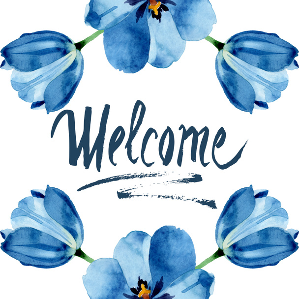 Azul tulipa flores botânicas florais. Conjunto de ilustração de fundo aquarela. Quadro borda ornamento quadrado
. - Foto, Imagem
