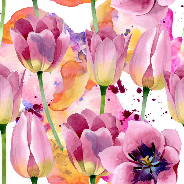 ピンクのチューリップ花植物の花 野生の春の葉の野生の花 水彩イラストセット 水彩画ファッションアクアレル シームレスな背景パターン ファブリック壁紙プリントテクスチャ ロイヤリティフリー写真 画像素材