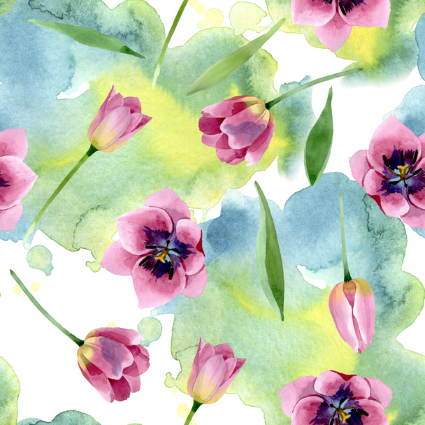 Pink tulips floral botanical flowers. Watercolor background illustration set. Seamless background pattern. - Fotografie, Obrázek
