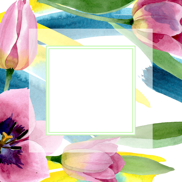 Pink tulipánok virágos botanikai virágok. Akvarell háttér illusztráció meg. Keretszegély Dísz tér. - Fotó, kép
