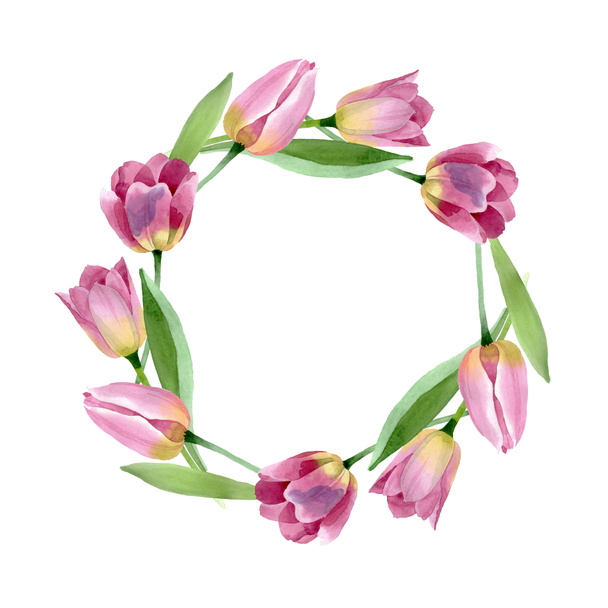 Pink tulips floral botanical flowers. Watercolor background illustration set. Frame border ornament square. - Valokuva, kuva
