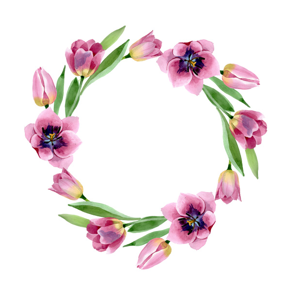 Pink tulips floral botanical flowers. Watercolor background illustration set. Frame border ornament square. - Фото, зображення