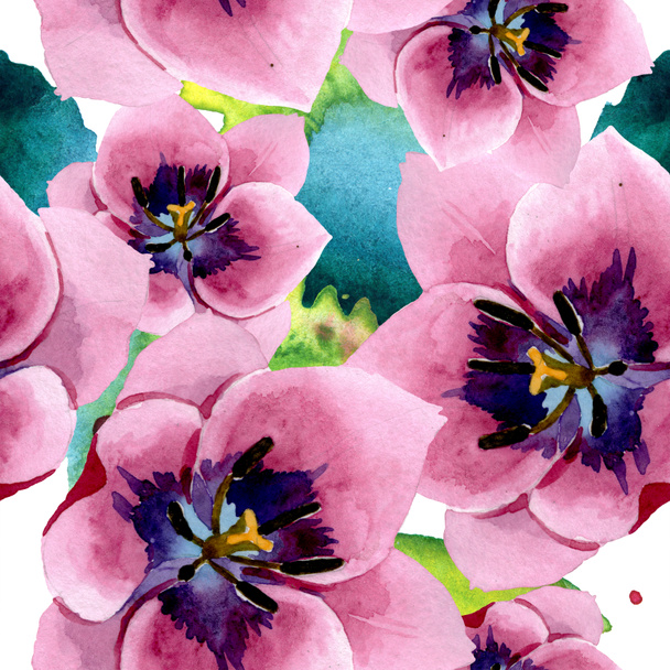 Roze tulpen bloemen botanische bloemen. Aquarel achtergrond illustratie instellen. Naadloos achtergrond patroon. - Foto, afbeelding