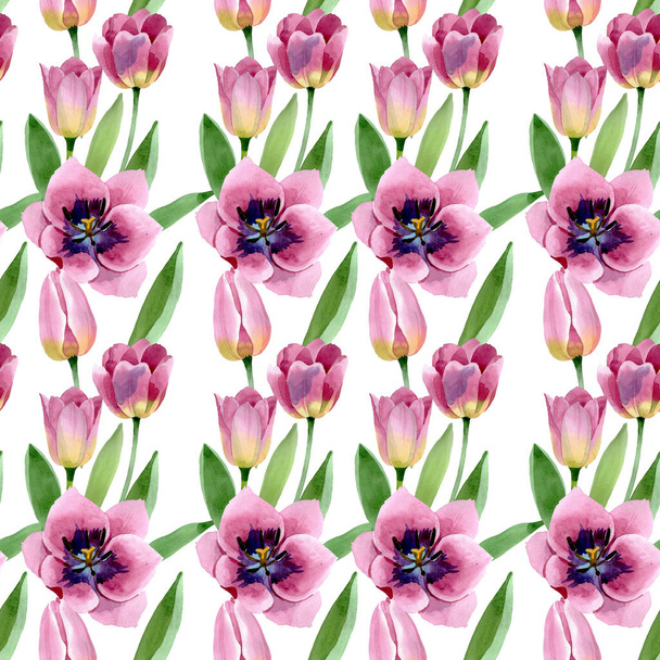 rosa Tulpen mit botanischen Blüten. Aquarell Hintergrundillustration Set. nahtloses Hintergrundmuster. - Foto, Bild