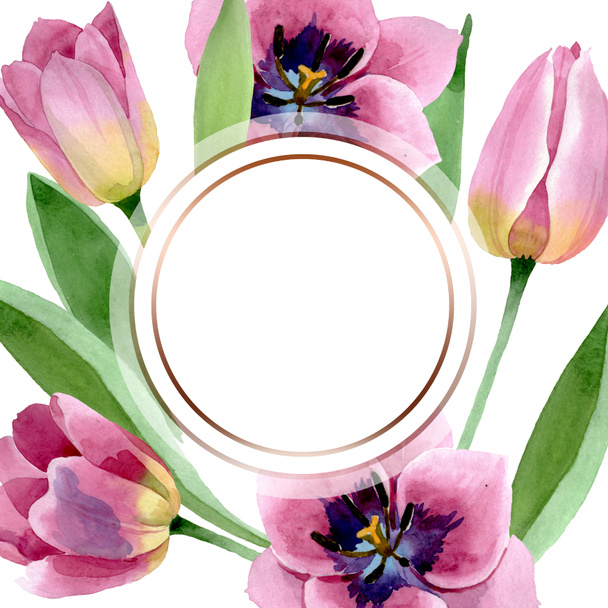 rosa Tulpen mit botanischen Blüten. Aquarell Hintergrundillustration Set. Rahmen Rand Ornament Quadrat. - Foto, Bild