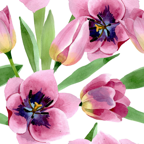 Pink tulips floral botanical flowers. Watercolor background illustration set. Seamless background pattern. - Foto, immagini