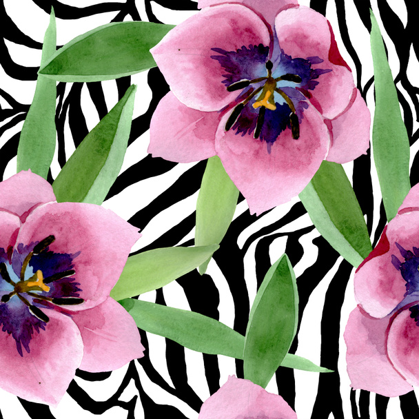 Pink tulips floral botanical flowers. Watercolor background illustration set. Seamless background pattern. - Фото, изображение