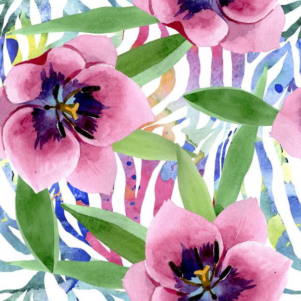 Pink tulips floral botanical flowers. Watercolor background illustration set. Seamless background pattern. - Fotoğraf, Görsel