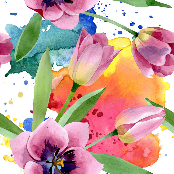 Pink tulips floral botanical flowers. Watercolor background illustration set. Seamless background pattern. - Valokuva, kuva