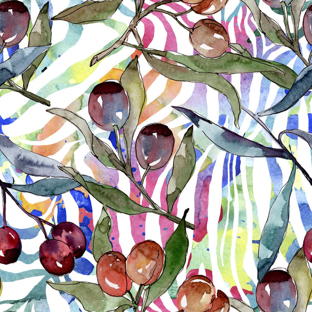 Olive branch with black and green fruit. Watercolor background illustration set. Seamless background pattern. - Fotografie, Obrázek