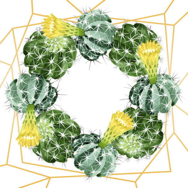 Green cactus floral botanical flowers. Watercolor background illustration set. Frame border ornament square. - Foto, Imagen