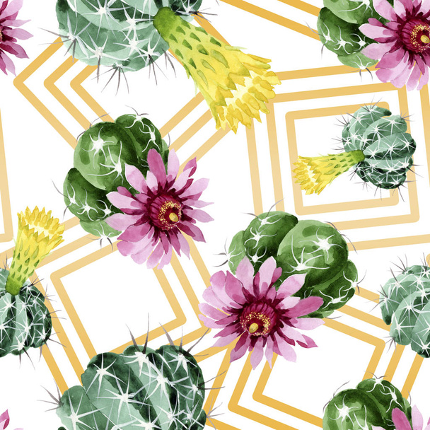 Green cactus floral botanical flowers. Watercolor background illustration set. Seamless background pattern. - Фото, изображение