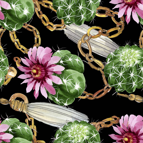 Green cactus floral botanical flowers. Watercolor background illustration set. Seamless background pattern. - Valokuva, kuva