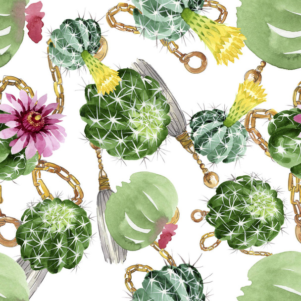 Green cactus floral botanical flowers. Watercolor background illustration set. Seamless background pattern. - Fotó, kép