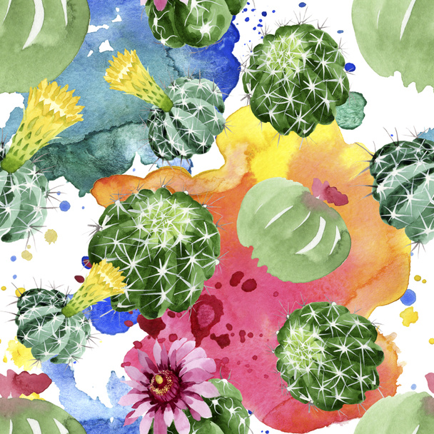 Green cactus floral botanical flowers. Watercolor background illustration set. Seamless background pattern. - Zdjęcie, obraz