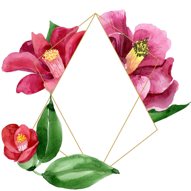 Rode Camelia Floral botanische bloem. Aquarel achtergrond illustratie instellen. Frame rand ornament vierkant. - Foto, afbeelding