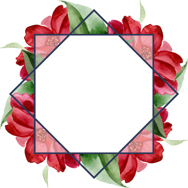 Camélia vermelha flor botânica floral. Conjunto de ilustração de fundo aquarela. Quadro borda ornamento quadrado
. - Foto, Imagem
