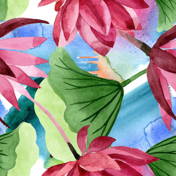 Red lotus floral botanical flower. Watercolor background illustration set. Seamless background pattern. - Foto, Bild