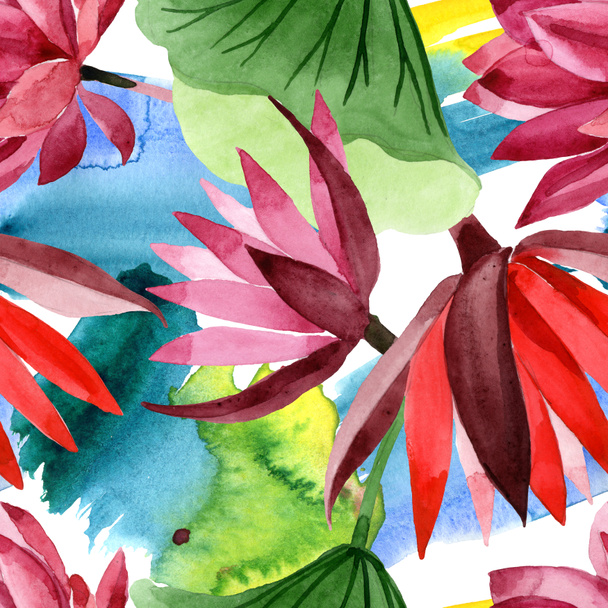 Red lotus floral botanical flower. Watercolor background illustration set. Seamless background pattern. - Photo, Image