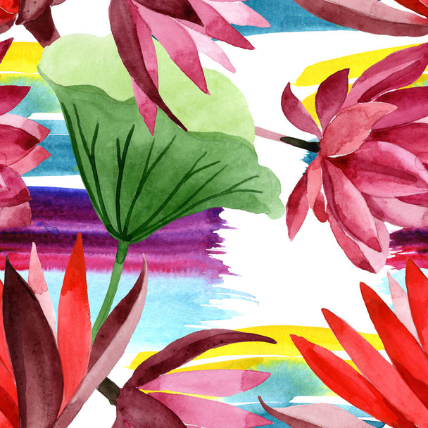 Red lotus floral botanical flower. Watercolor background illustration set. Seamless background pattern. - Photo, Image