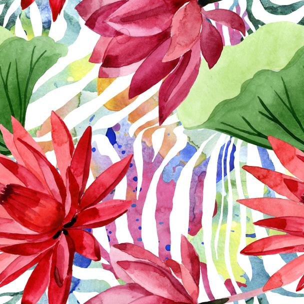 Red lotus floral botanical flower. Watercolor background illustration set. Seamless background pattern. - Foto, Imagem