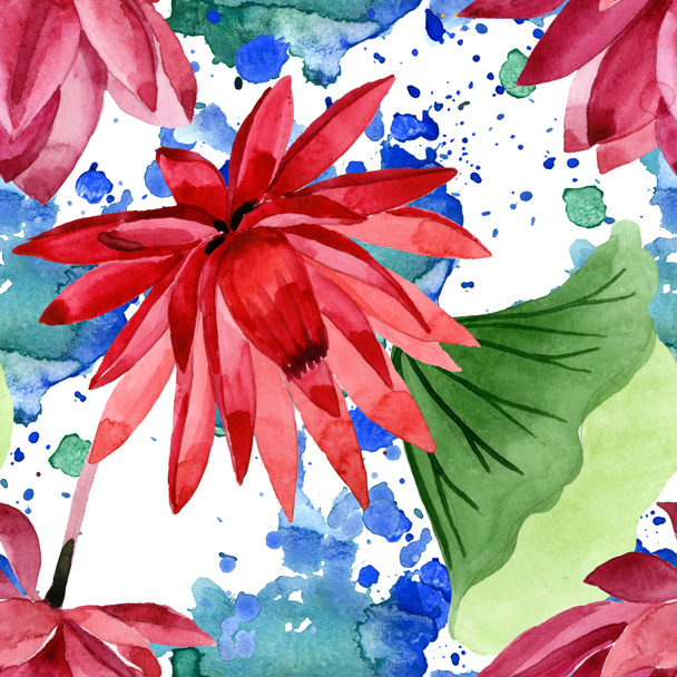 Red lotus floral botanical flower. Watercolor background illustration set. Seamless background pattern. - 写真・画像