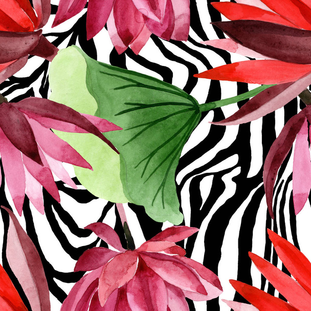 Red lotus floral botanical flower. Watercolor background illustration set. Seamless background pattern. - Foto, afbeelding