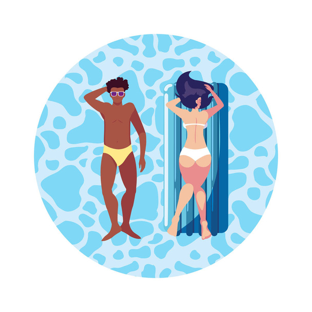 casal interracial com colchão flutuante na água
 - Vetor, Imagem