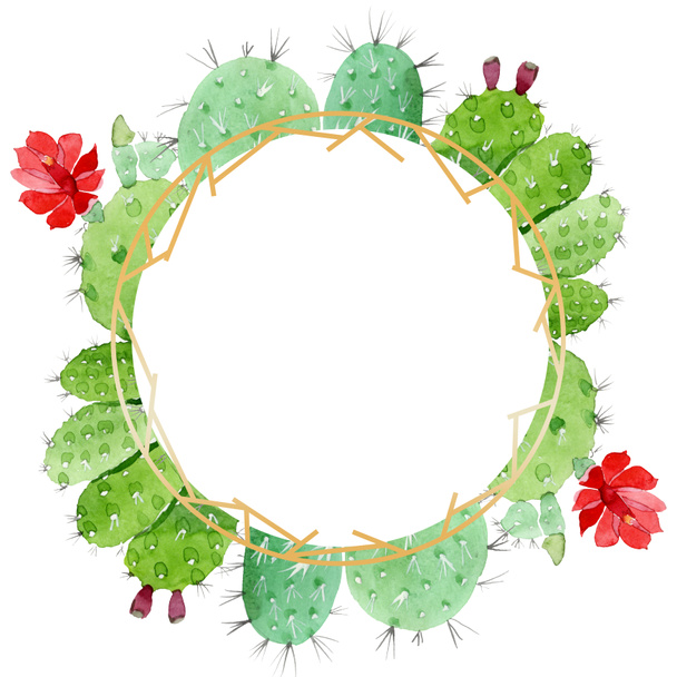 Cacto verde flores botânicas florais. Conjunto de ilustração de fundo aquarela. Quadro borda ornamento quadrado
. - Foto, Imagem
