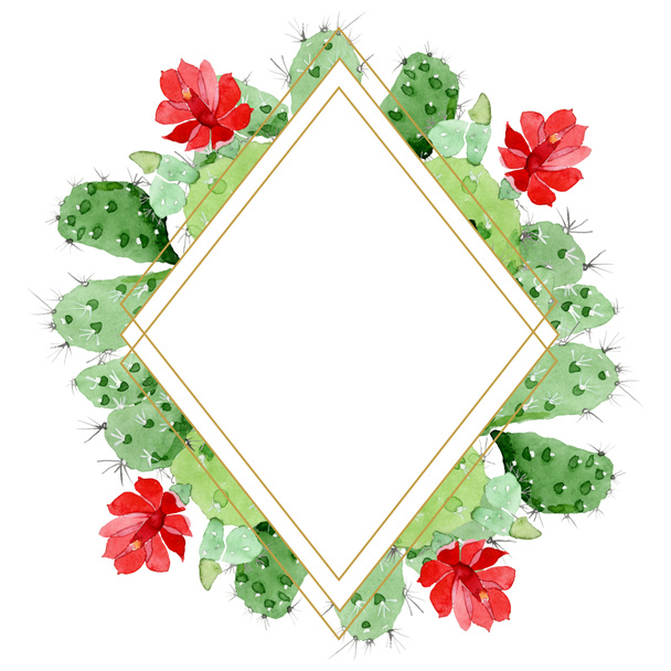 Flores botánicas florales de cactus verde. Conjunto de ilustración de fondo acuarela. Marco borde ornamento cuadrado
. - Foto, Imagen
