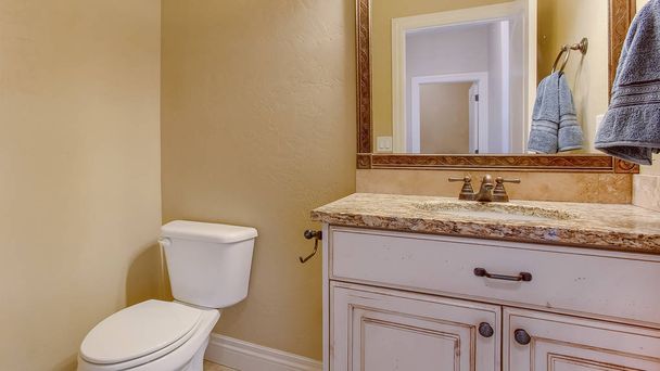 Панорамний каркас інтер'єру ванної кімнати з видом на туалет поруч з зоною марнославства - Фото, зображення