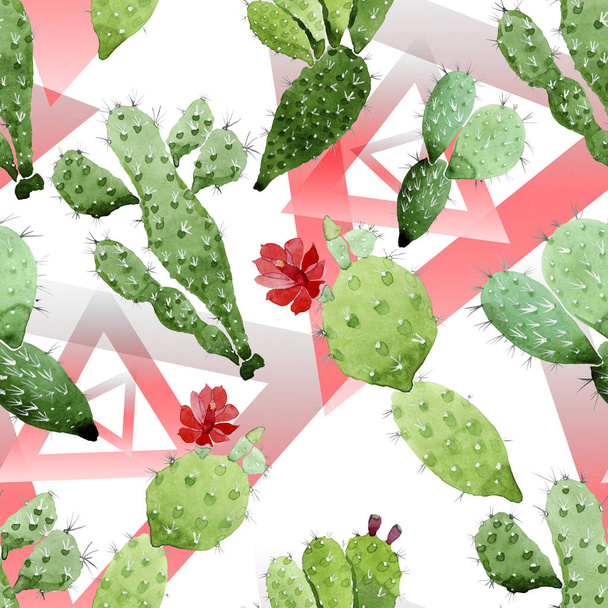 Green cactus floral botanical flowers. Watercolor background illustration set. Seamless background pattern. - Foto, imagen