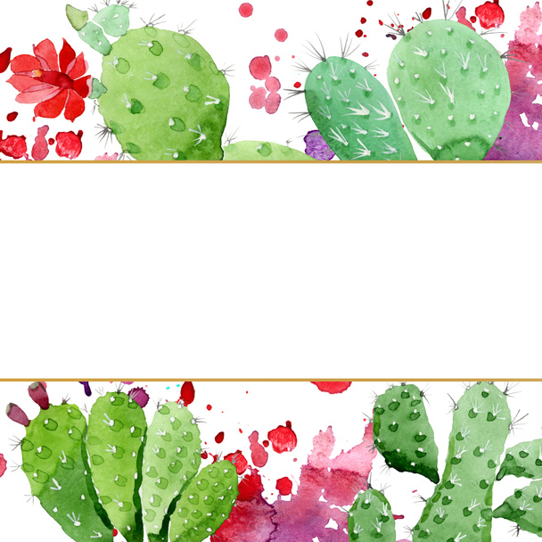 Zöld kaktusz virágos botanikus virágok. Akvarell háttér illusztráció meg. Keretszegély Dísz tér. - Fotó, kép