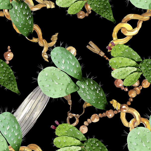 Green cactus floral botanical flowers. Watercolor background illustration set. Seamless background pattern. - Foto, Imagem