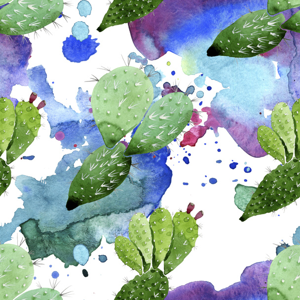 Green cactus floral botanical flowers. Watercolor background illustration set. Seamless background pattern. - Foto, Imagen