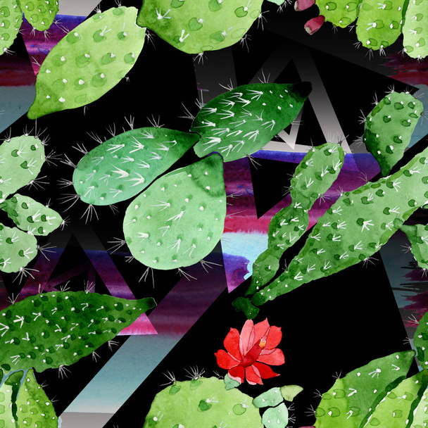 Green cactus floral botanical flowers. Watercolor background illustration set. Seamless background pattern. - Foto, Imagem