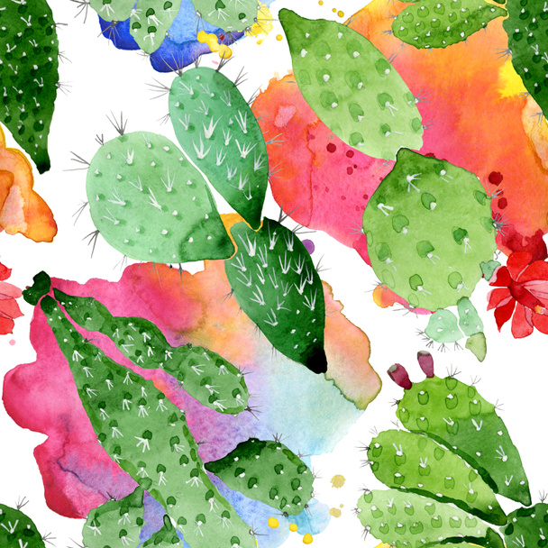 Green cactus floral botanical flowers. Watercolor background illustration set. Seamless background pattern. - Fotoğraf, Görsel